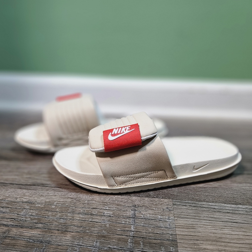 Nike Womens Offcourt Adjust Slide in Sanddrift/Picante-Red/Coconut Milk Colorway